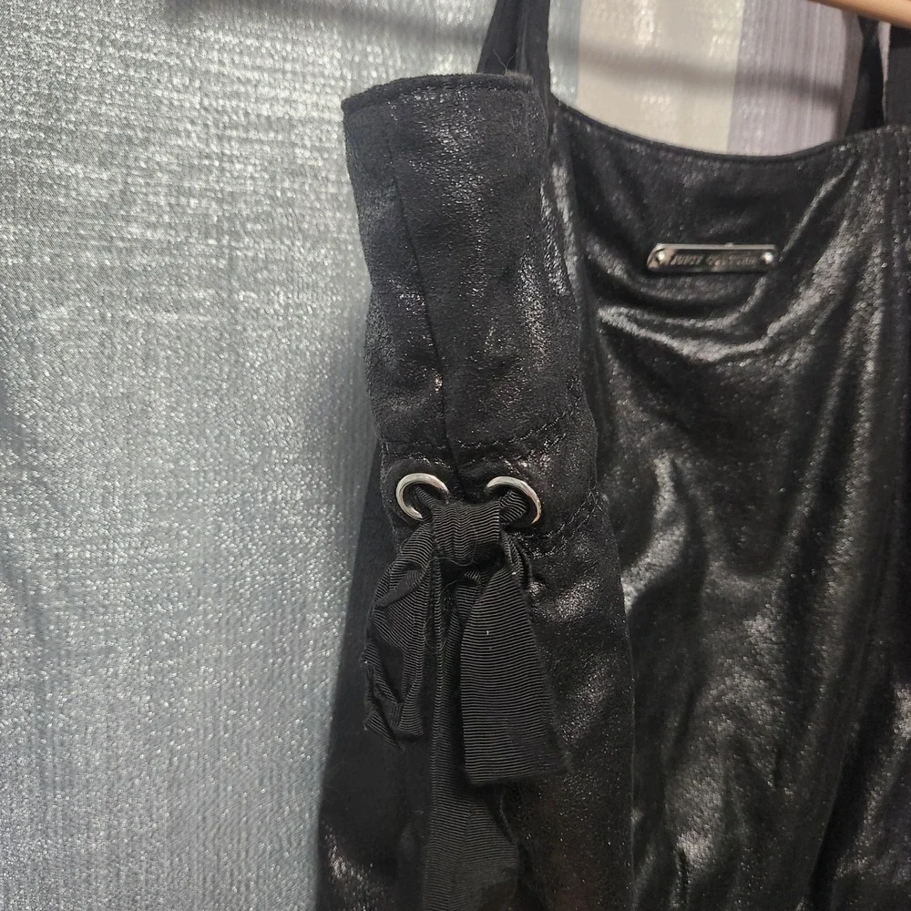 Juicy Couture Black Metallic Tote Bag Hobo Ribbon Side Ties J-Hook Zip Large